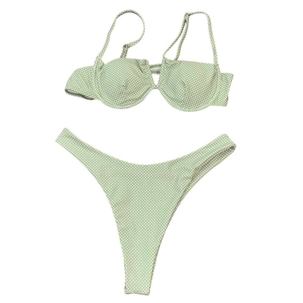 Green White Polka Dot Micro Bikini Women’s S Swim Beach Vacation Cheeky Thong